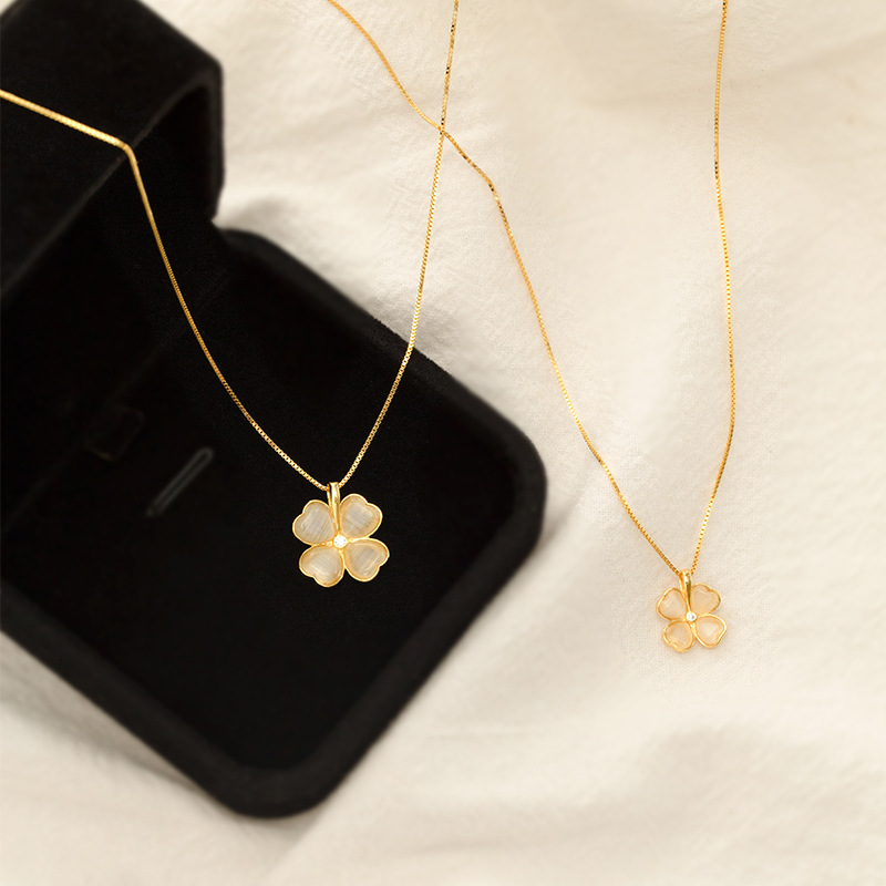 【沫緹甄選】S925銀法式四葉草項鍊女輕奢簡約氣質百搭貓眼石鎖骨鏈高級感