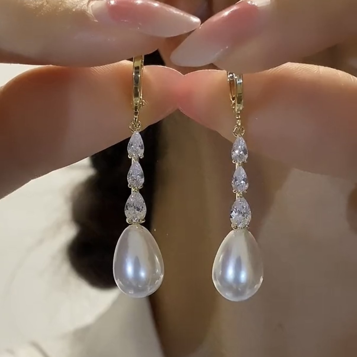 法式輕奢鋯石水滴珍珠耳環