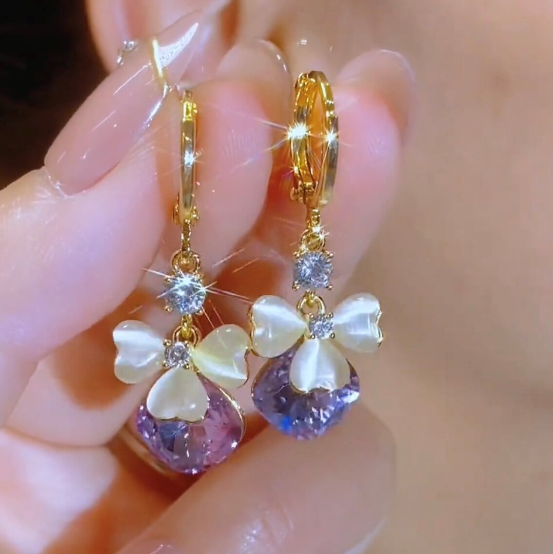 輕奢紫色鋯石水滴氣質耳環