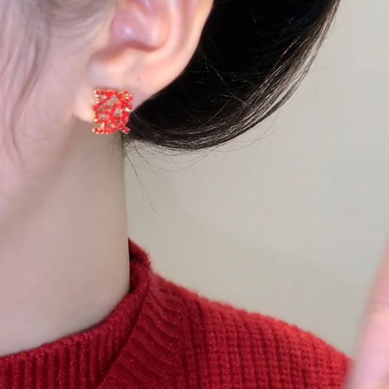 不對稱發財紅色耳環