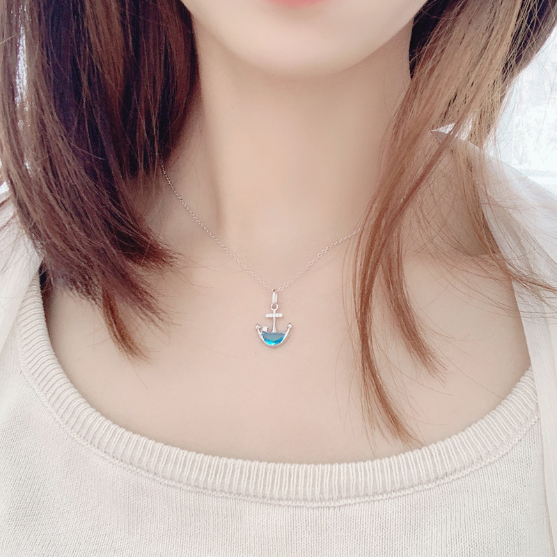 【沫緹甄選】情人節新款純銀s925情侶項錬船錨海藍鋯鎖骨飾品