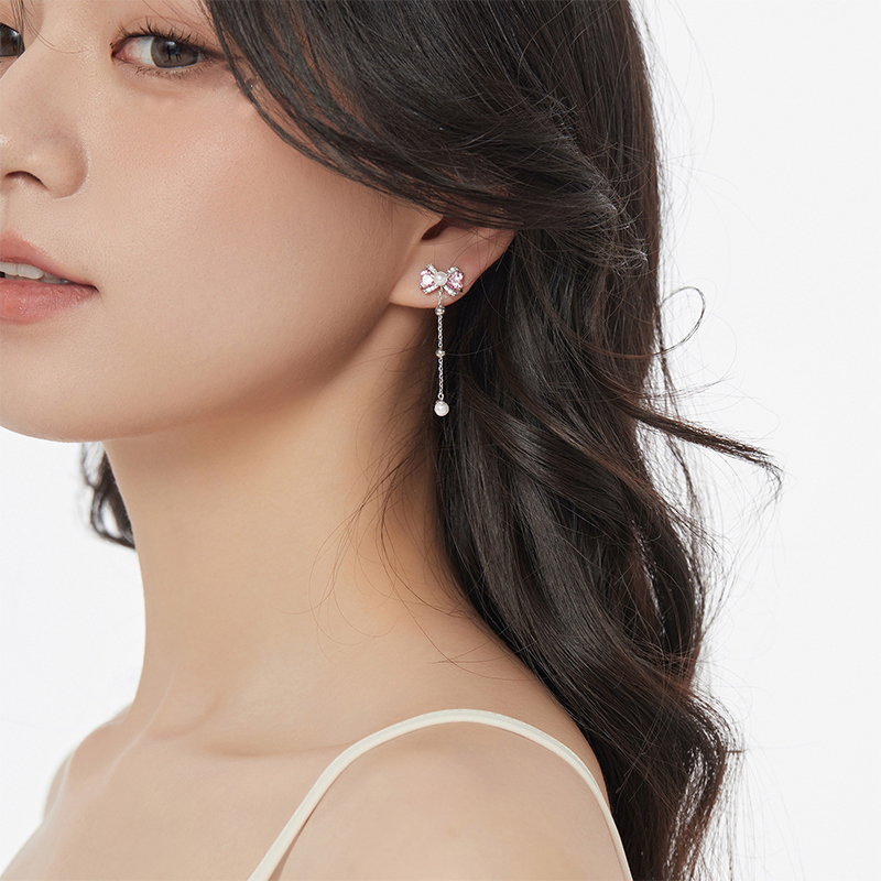 【沫緹甄選】925純銀粉鑽少女珍珠蝴蝶結耳釘輕奢高級感耳飾