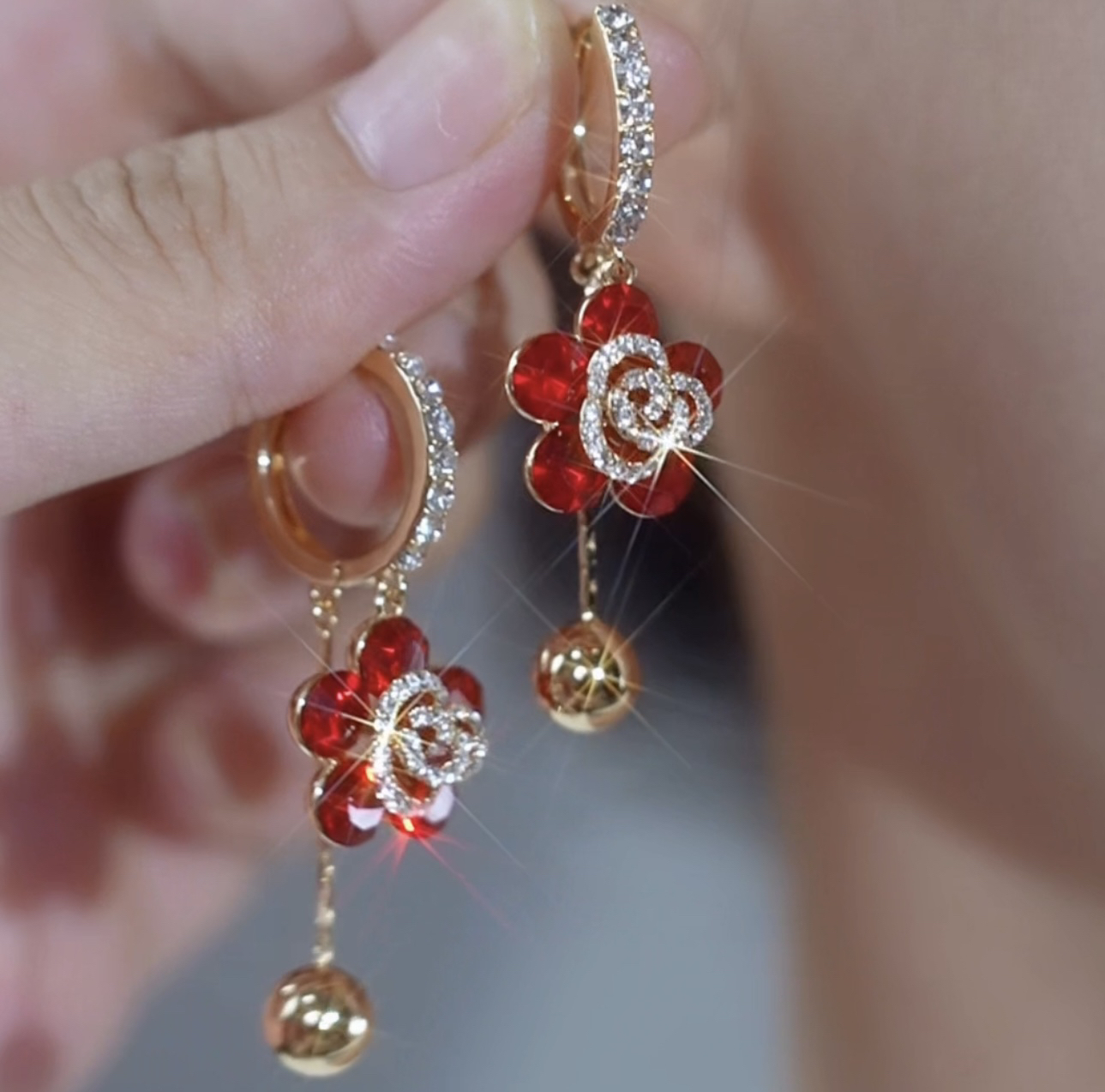 超閃紅色玫瑰花耳環-FANYIACC