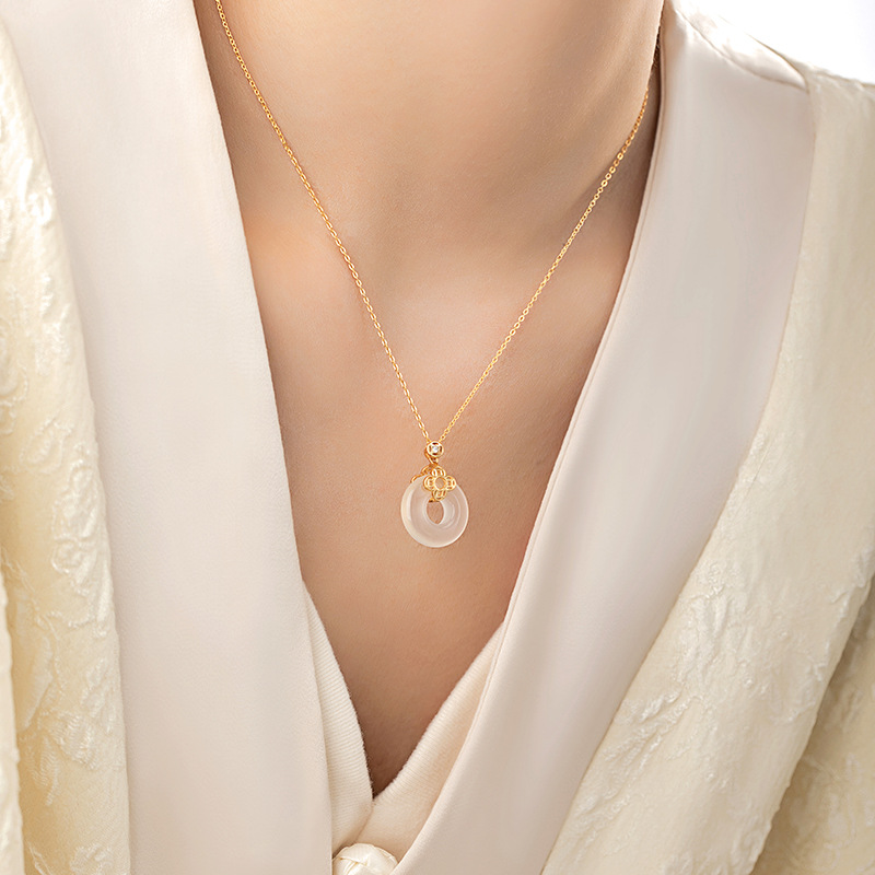 【沫緹甄選】四葉草純銀玉髓項錬國潮銅錢福氣鎖骨錬平安扣吊墜