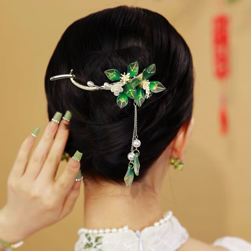 復古綠氣質花朵時尚一字夾髮夾