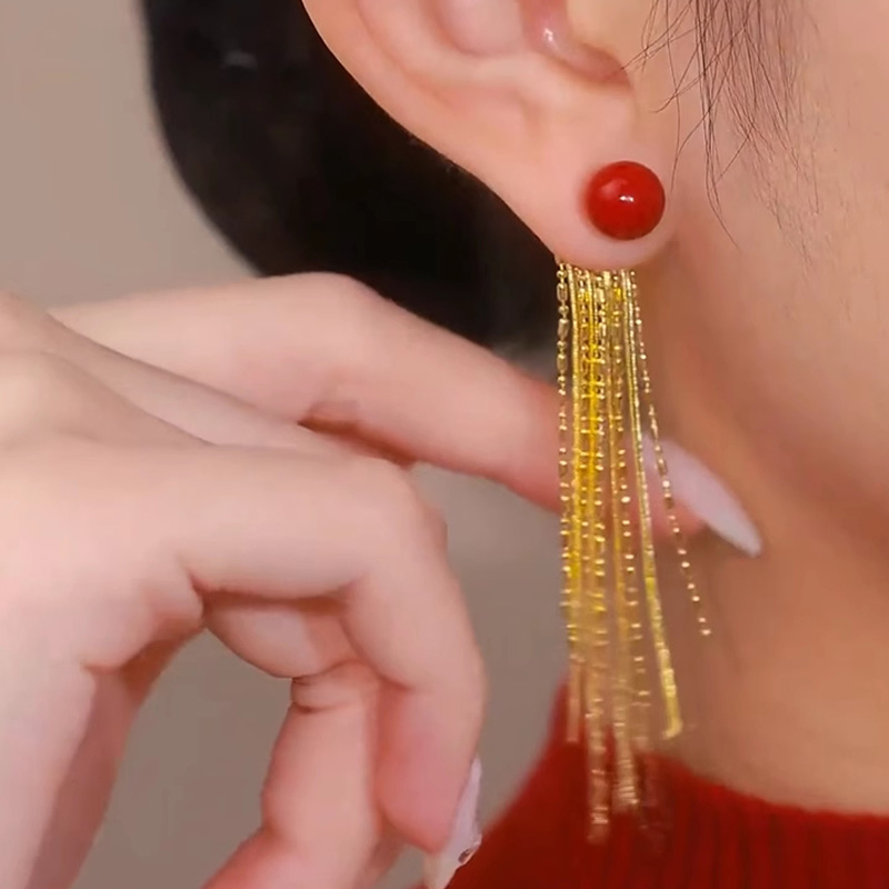 紅色滿天星珍珠流蘇耳環