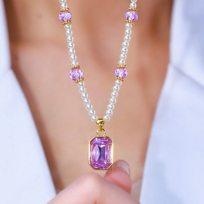 紫色方形水晶吊墜項鍊-FANYIACC