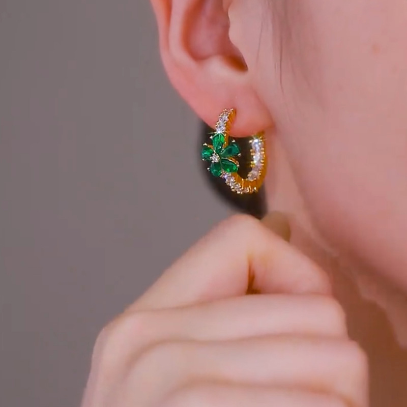高級感滿鑽綠花朵耳環