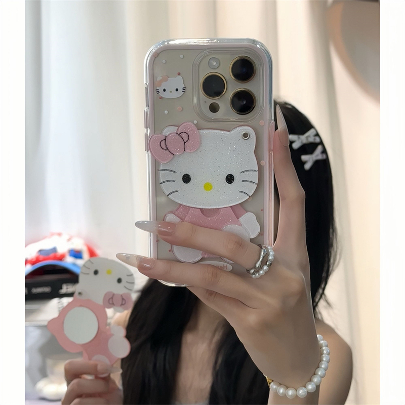 粉色kitty鏡子貼件 可愛凱蒂貓軟殼 iPhone保護殼