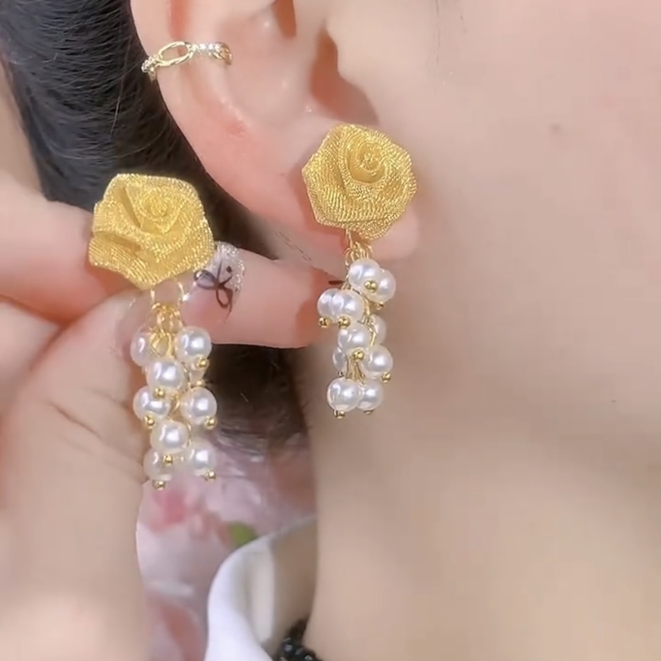 氣質鏤空網紗玫瑰花珍珠流蘇耳環
