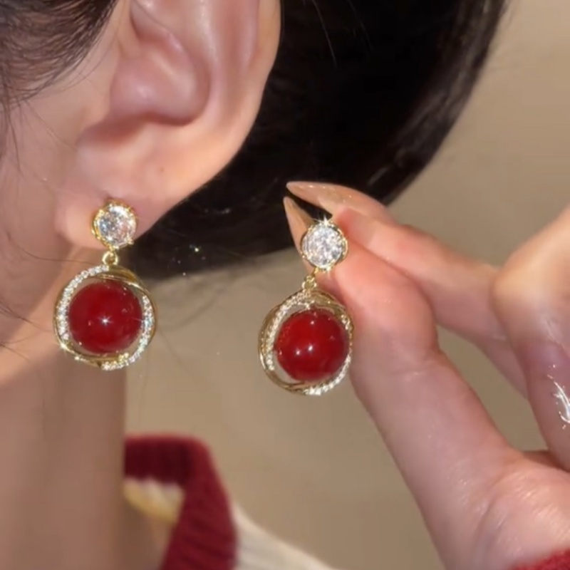 法式復古紅色珍珠耳環