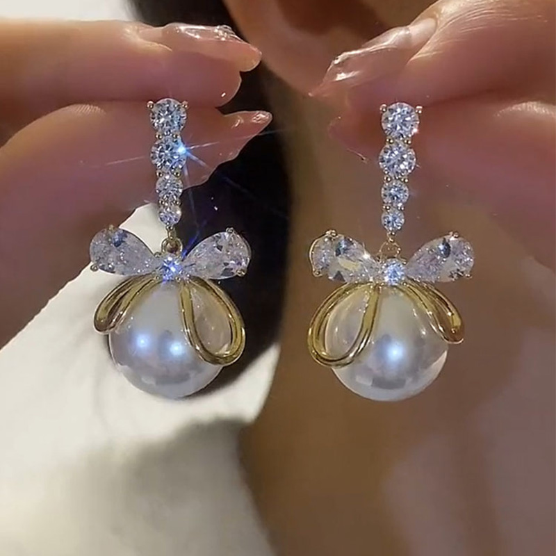 甜美蝴蝶結珍珠耳環