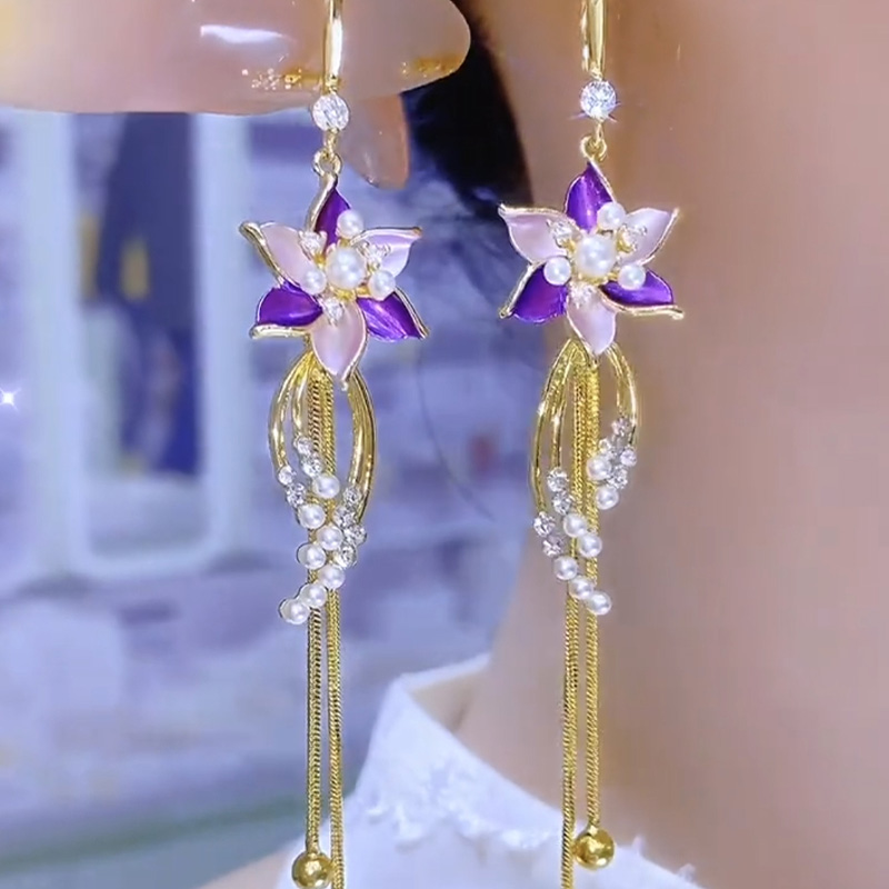 紫色炫彩花朵流蘇耳環