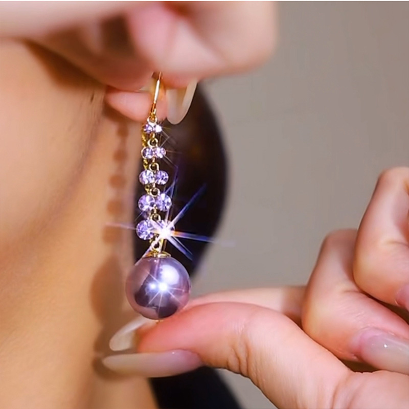 紫色麥穗珍珠流蘇耳環   