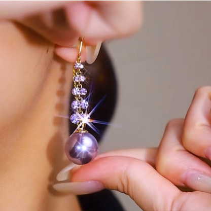 紫色麥穗珍珠流蘇耳環   