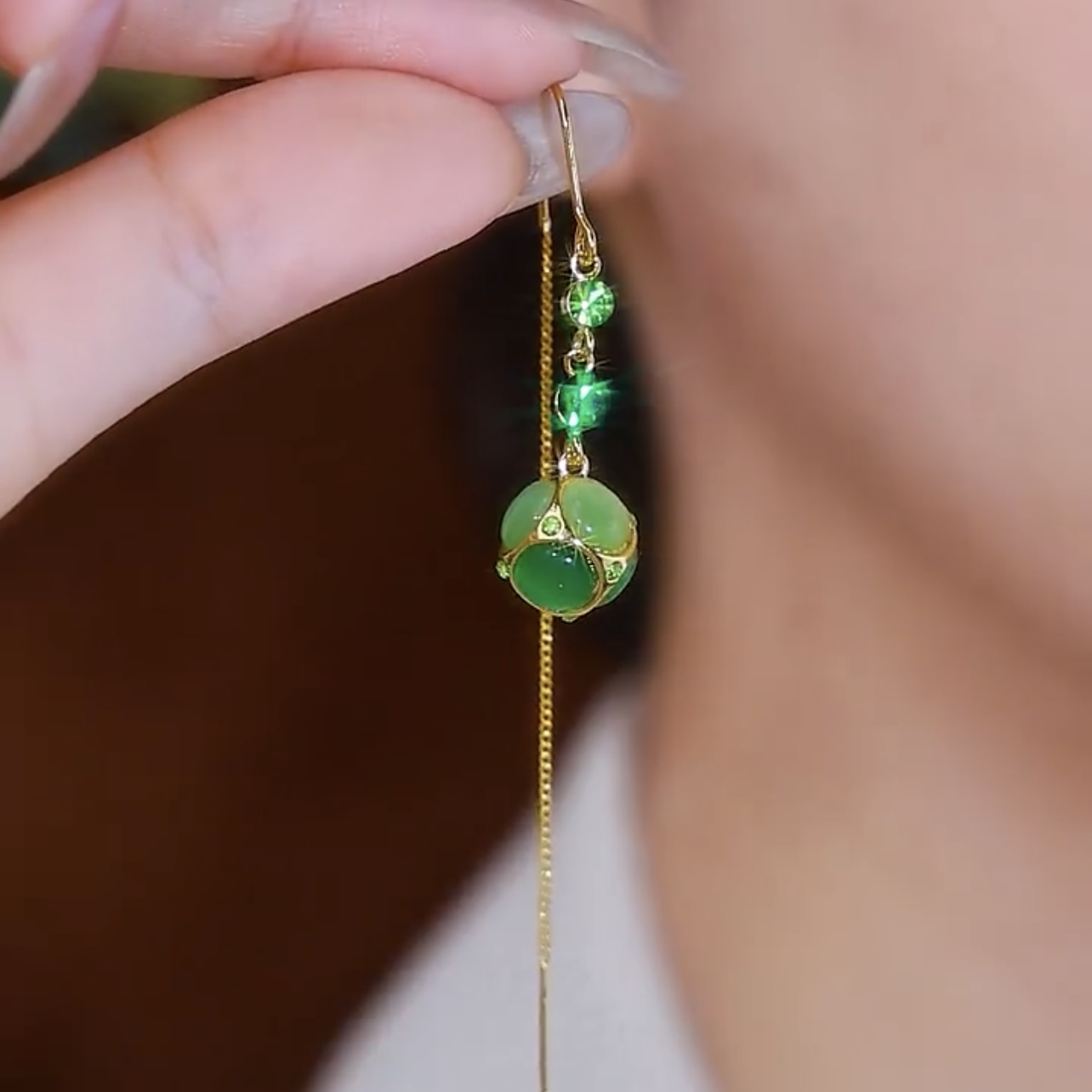 新款綠色貓眼石氣質耳環