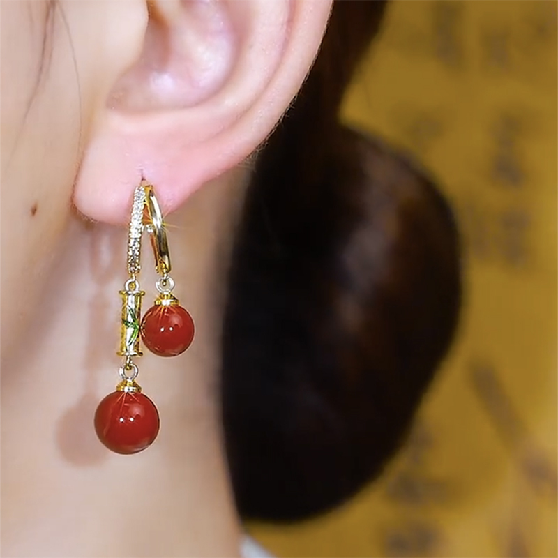 民國風竹節紅色珍珠耳環