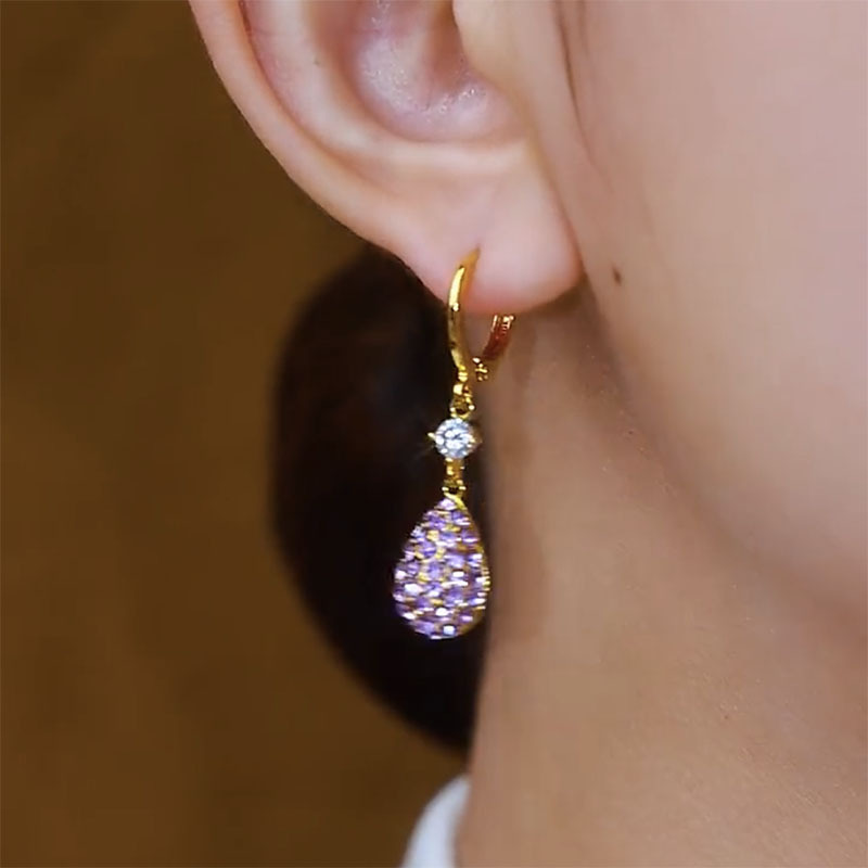 紫色閃鑽水滴耳環