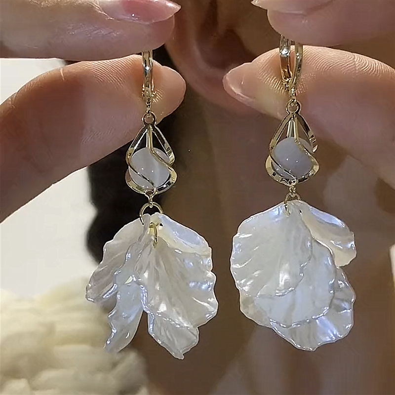 長貓眼石花朵流蘇耳環