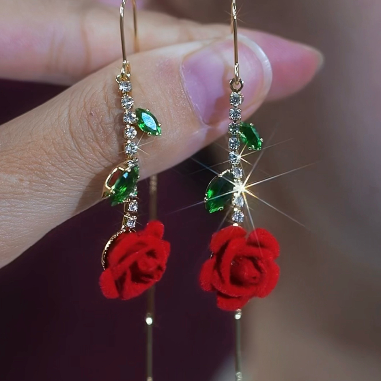 紅色植絨花朵長款精緻流蘇耳環