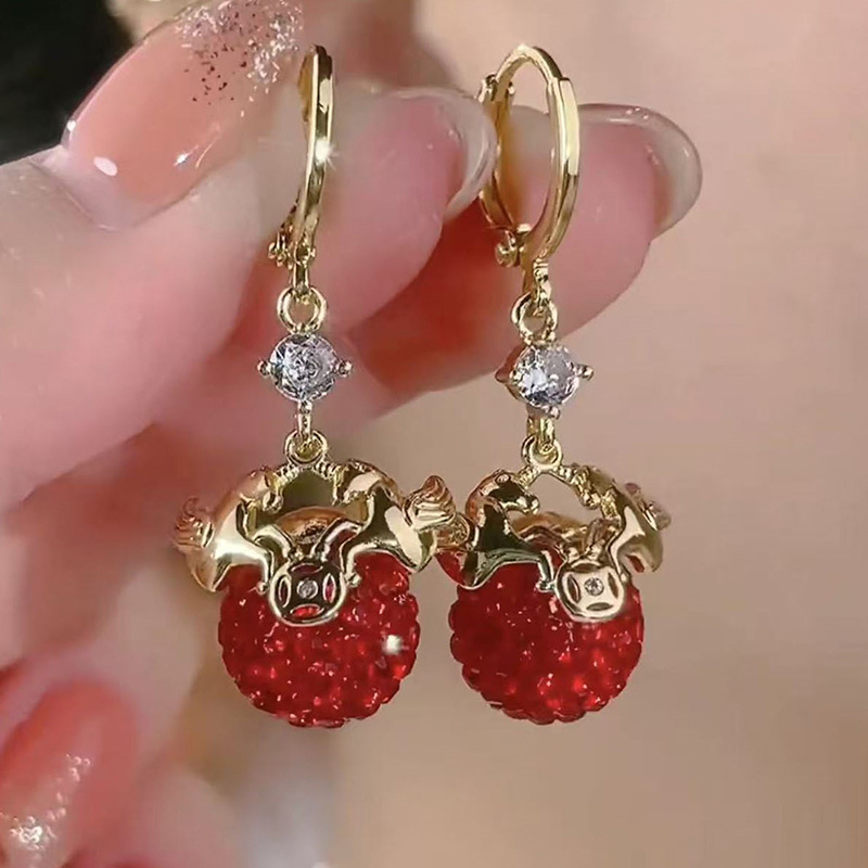 新款紅色鑽球馬上有錢耳環
