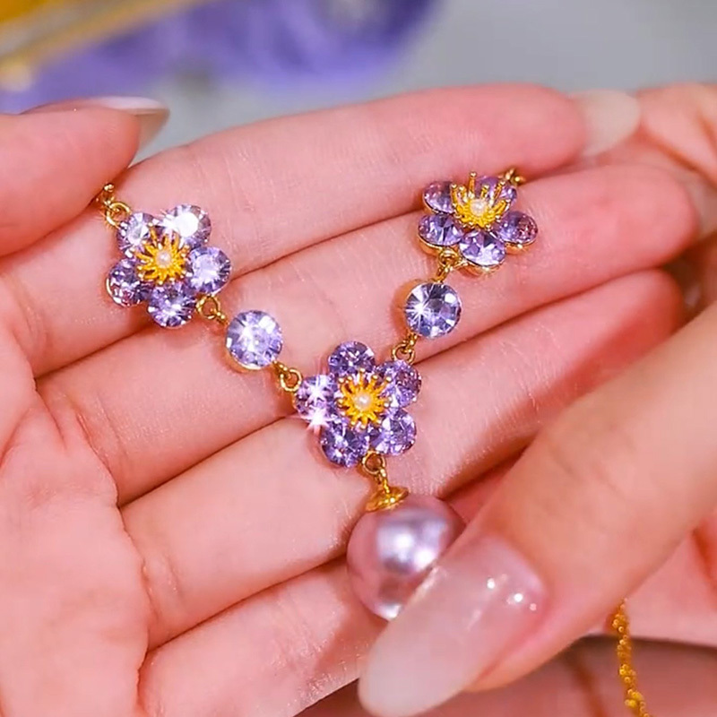 紫色鋯石花朵珍珠項鍊