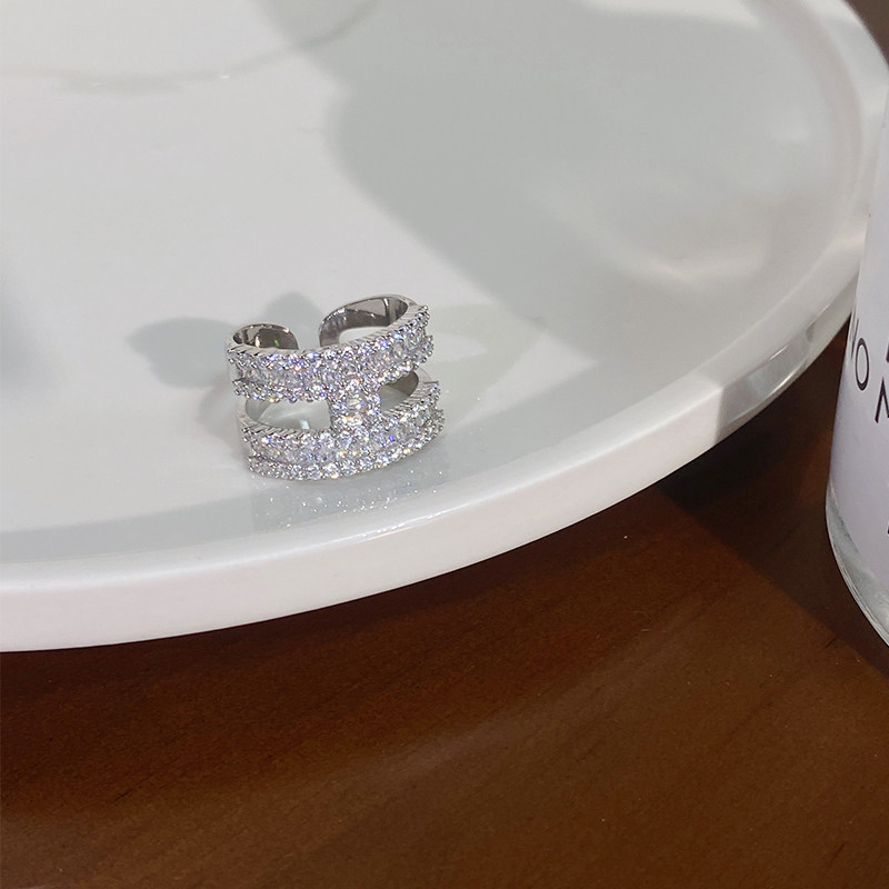 爆閃H字母排鑽銀色開口戒指