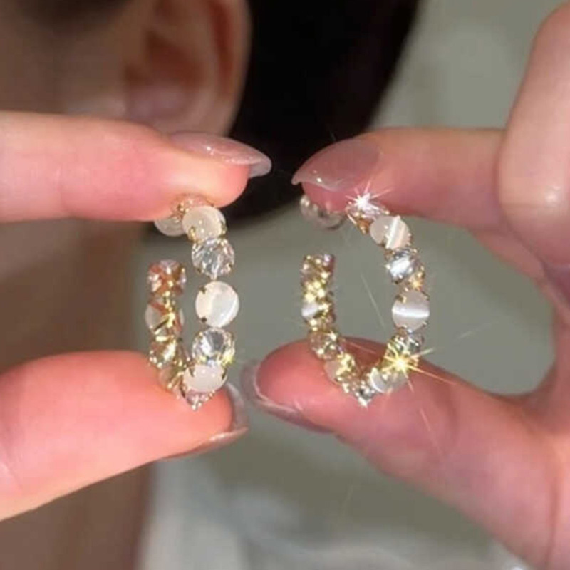 925銀針貓眼石鋯石耳圈