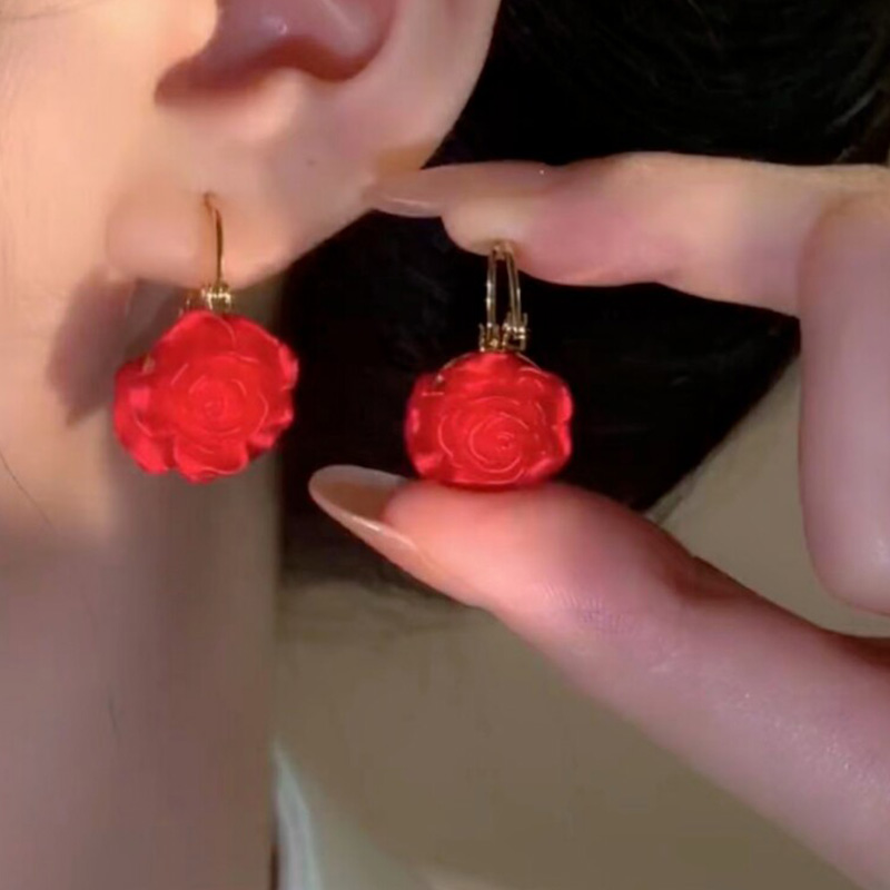 簡約紅色玫瑰花耳環