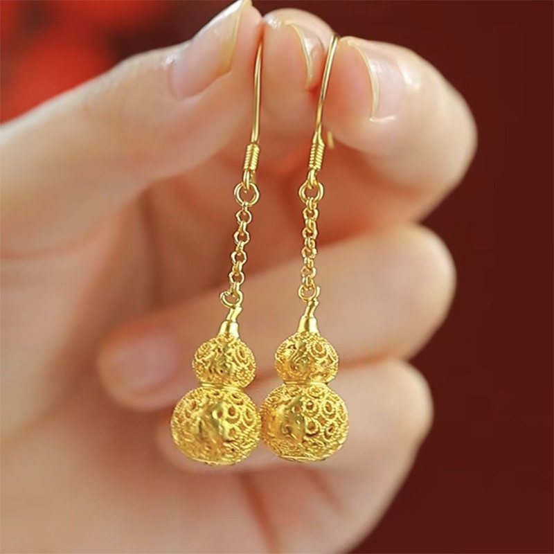 好運福祿金色長款鏤空葫蘆耳環