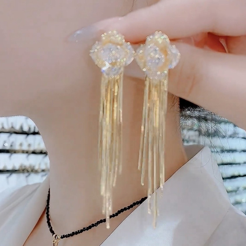 鑲鑽四葉花流蘇耳環