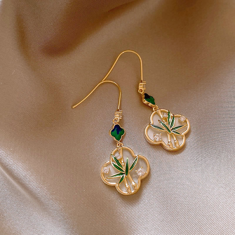 新中式四葉草竹葉鋯石耳環