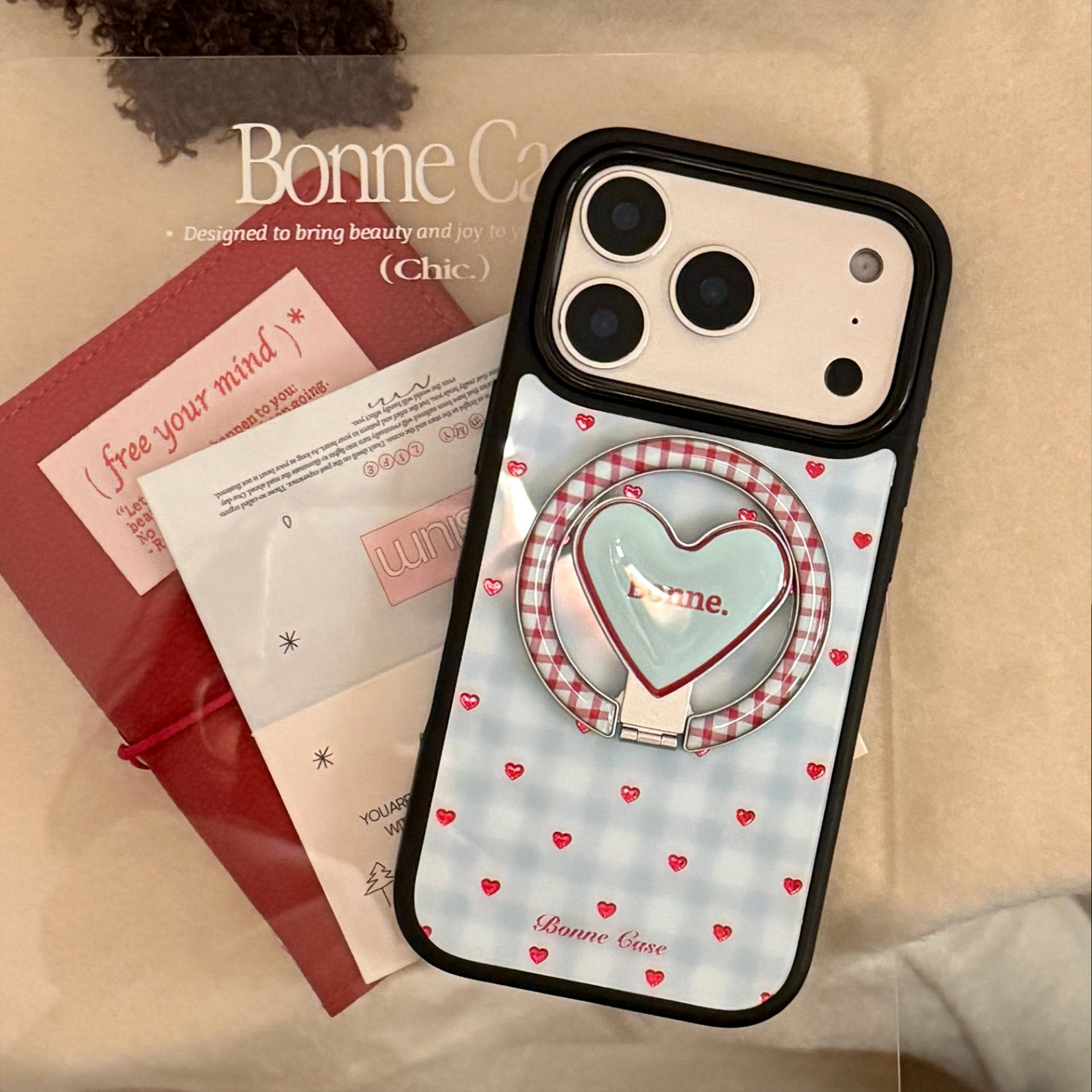 ins簡約藍色格紋愛心磁吸支架