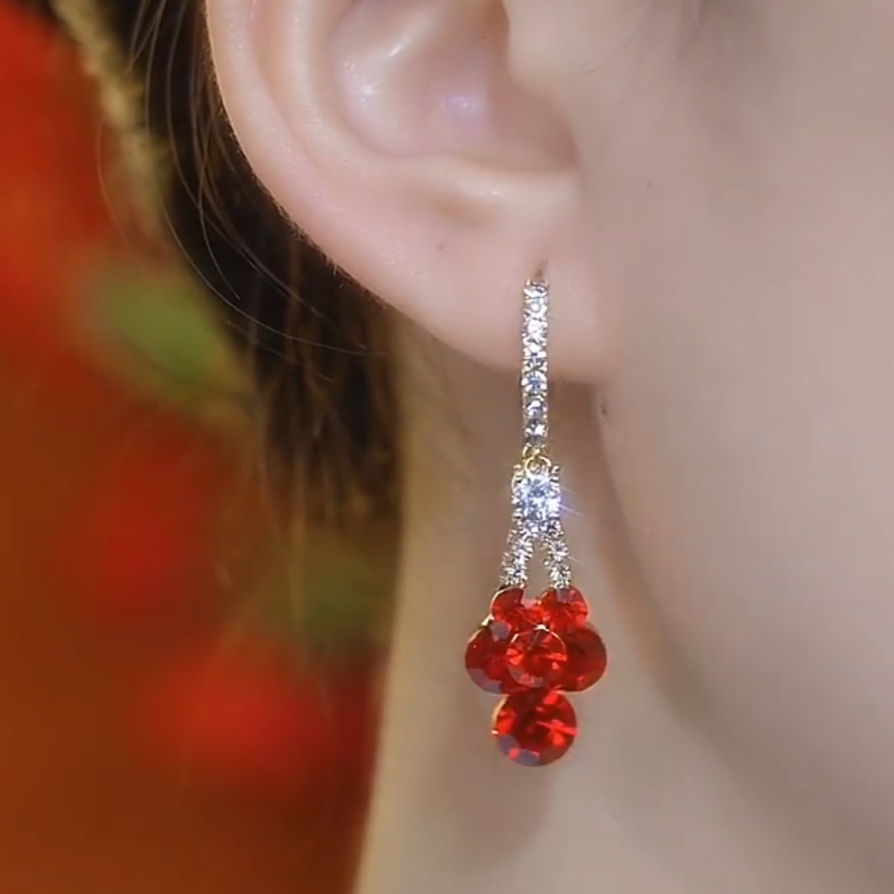 超閃紅水晶水滴耳環