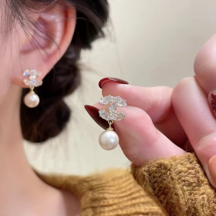小雙C形鋯石珍珠耳環