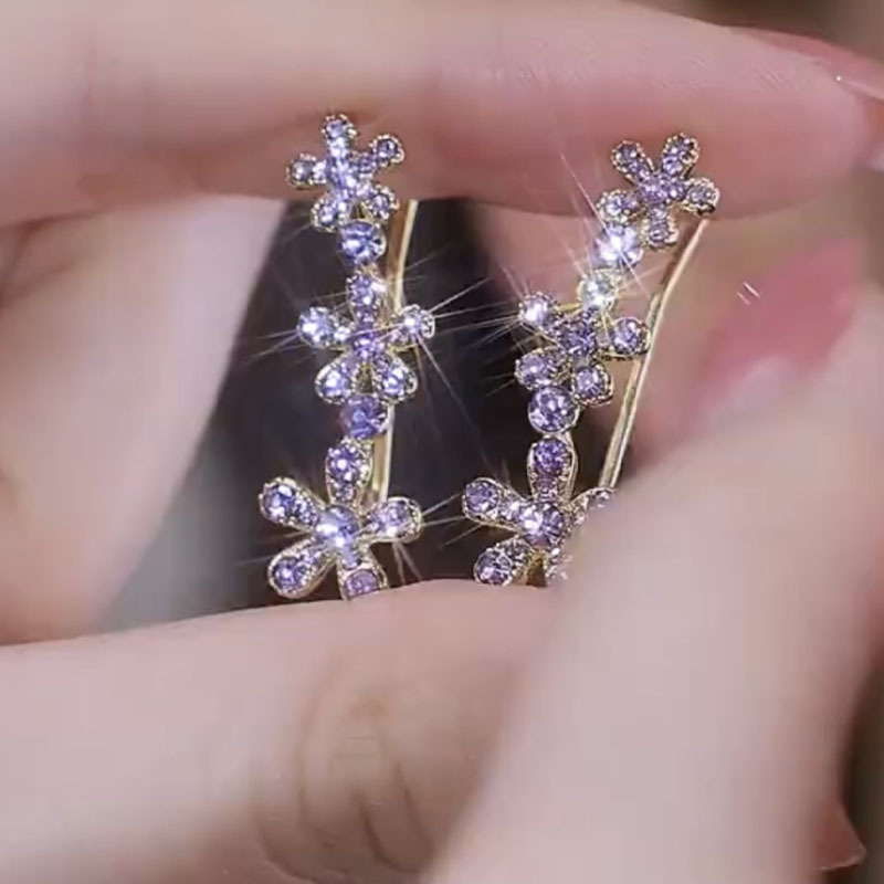 閃鑽弧形紫色花朵耳環