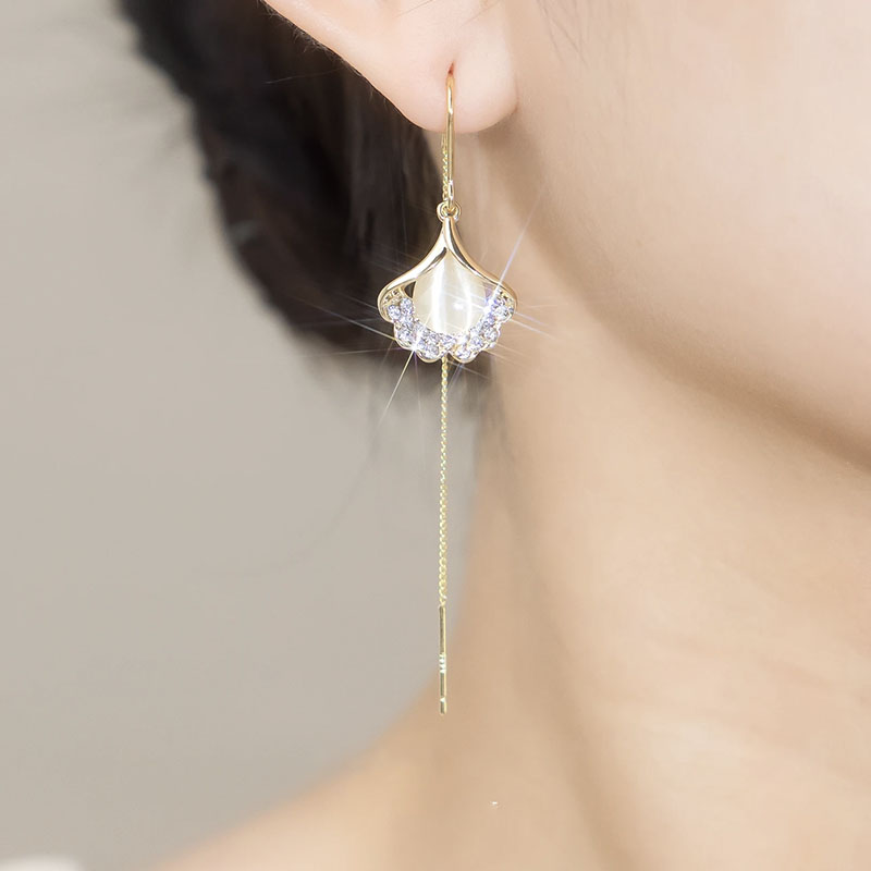 貓眼石銀杏葉耳線