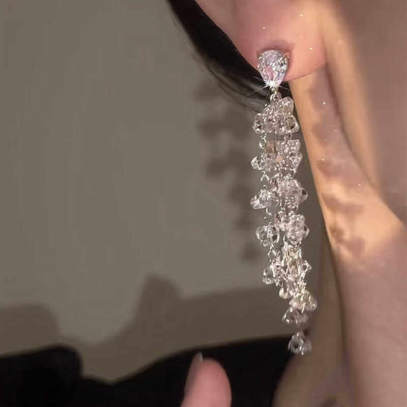 S925銀針長款鑲鑽水晶流蘇耳環