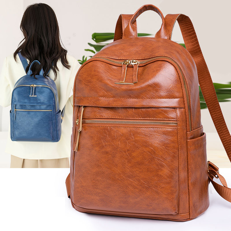 防水休閒百搭皮質男女雙肩背包 大容量旅行包