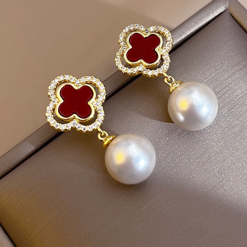 紅色四葉草珍珠耳環