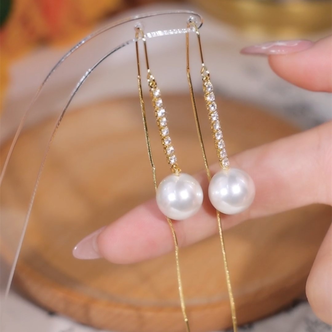 長款珍珠流蘇耳環