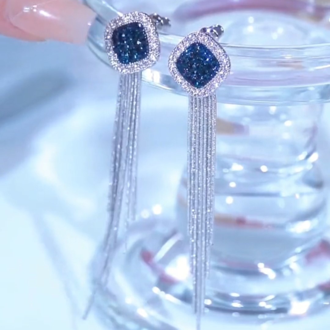 藍鑽銀色長流蘇耳環