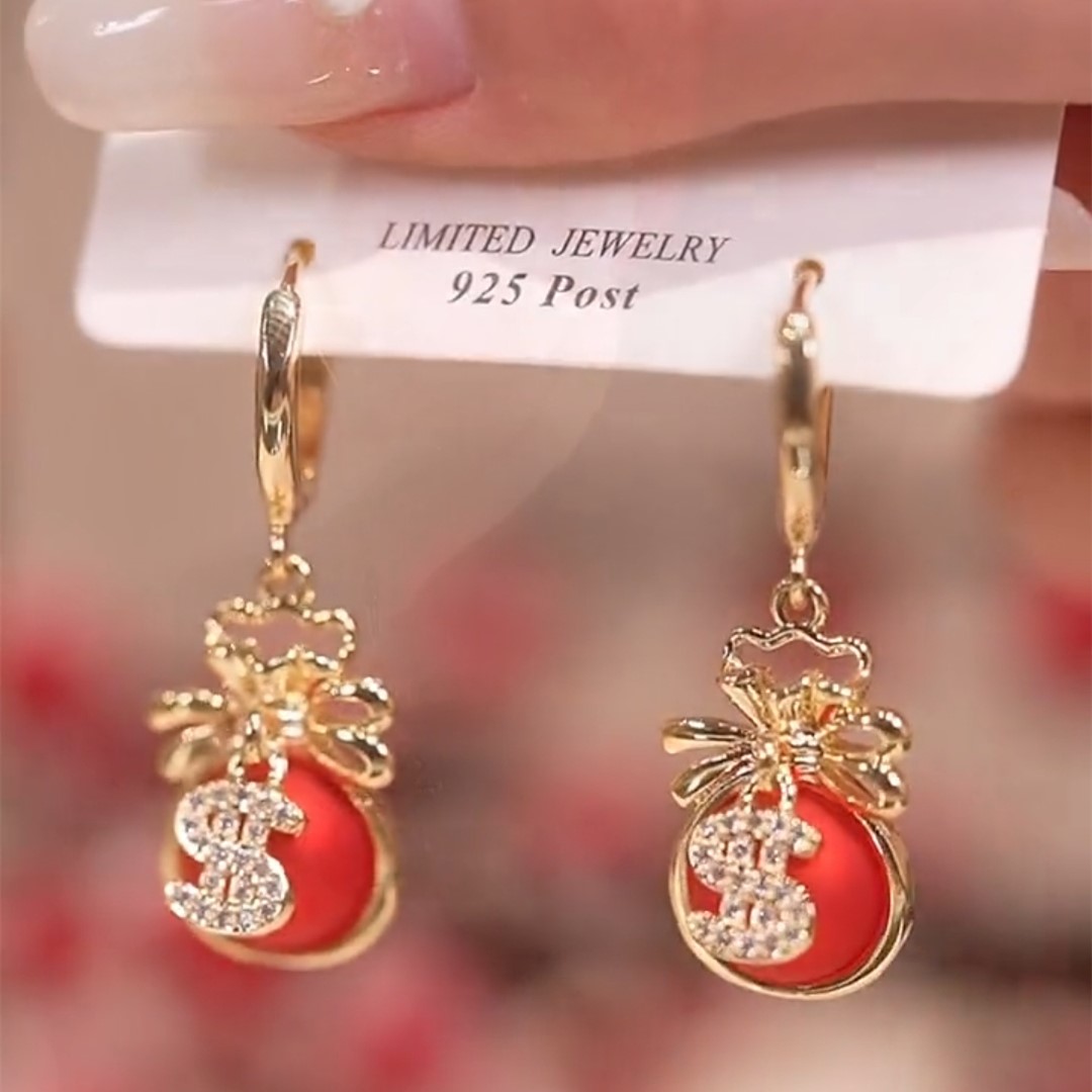 新年紅色招財錢袋耳環