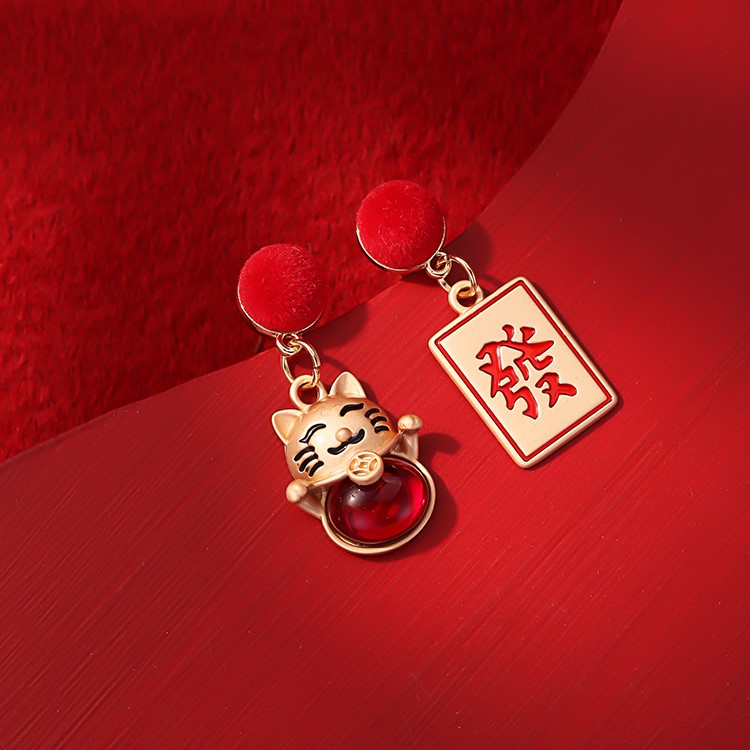 紅色發財貓耳環