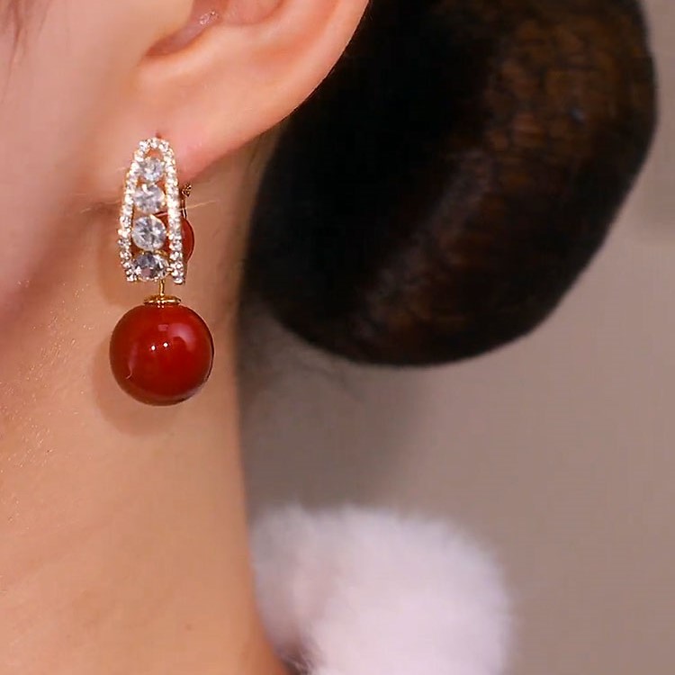 鋯石紅色珍珠氣質 一款兩戴耳環