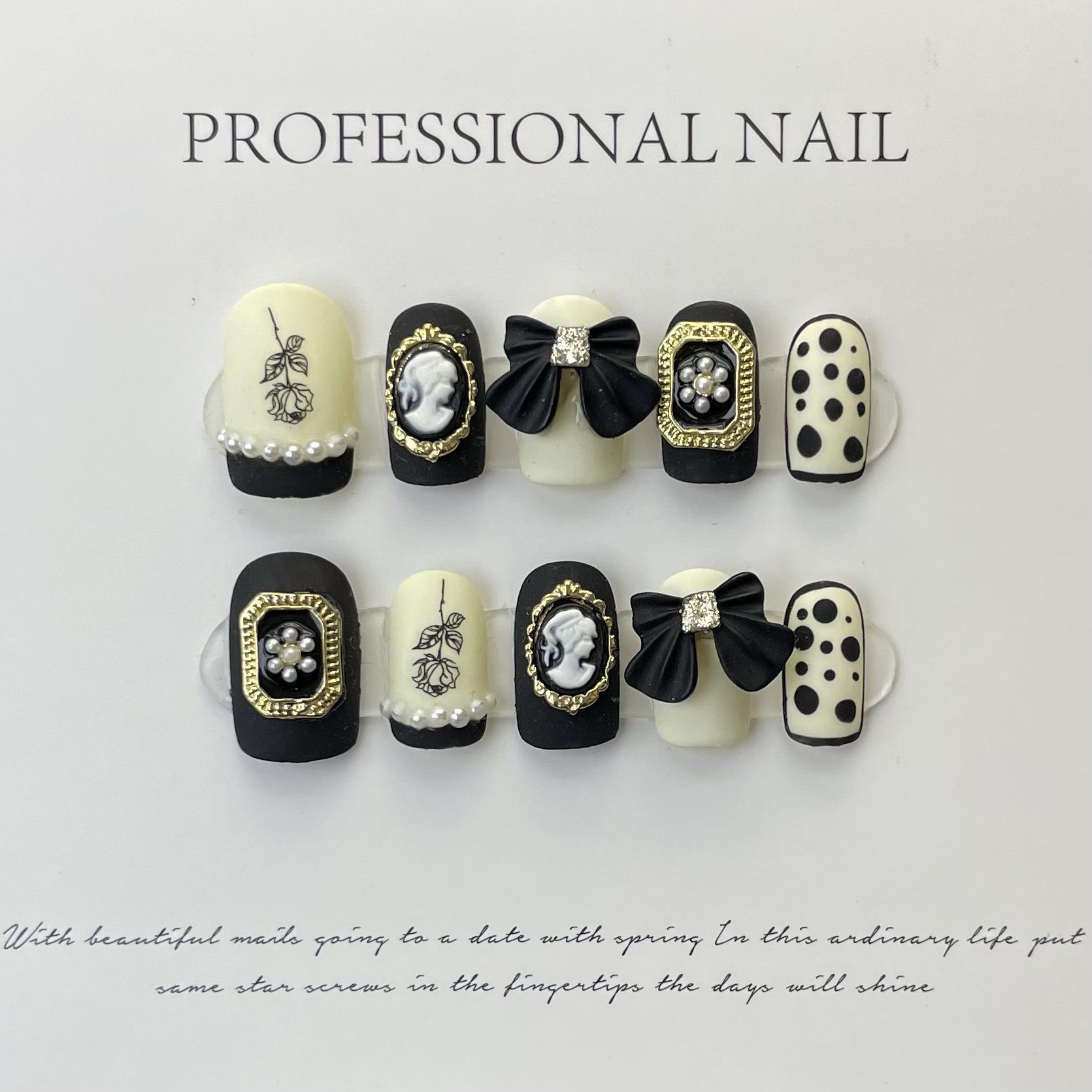 手工穿戴甲 | 黑色短方玫瑰赫本小香風蝴蝶結穿戴甲【2件免運】