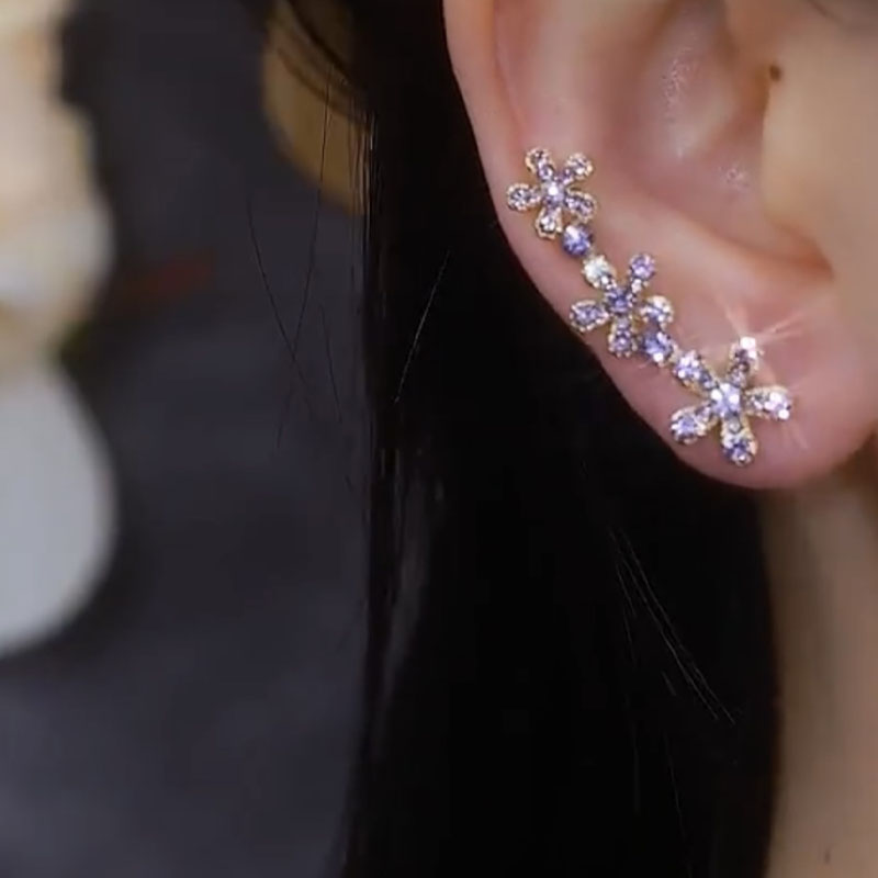 閃鑽弧形紫色花朵耳環