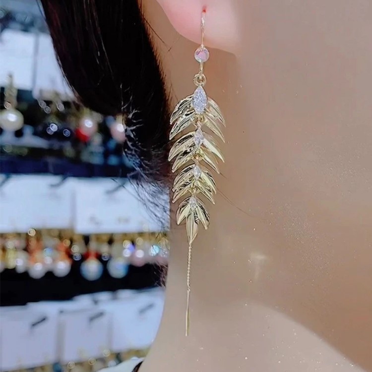 輕奢高級感葉子耳線麥穗流蘇耳環