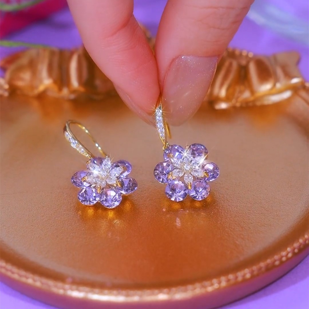 紫色鋯石設計感小花耳環