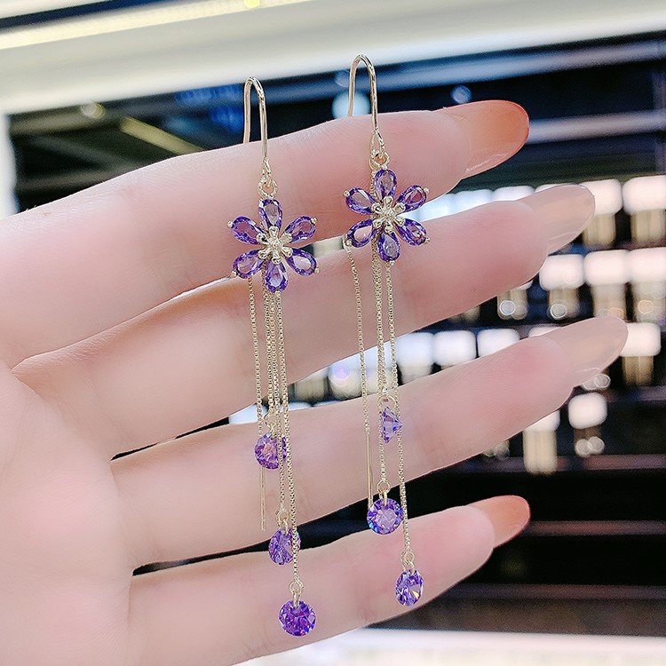 紫色水晶花朵耳線耳環
